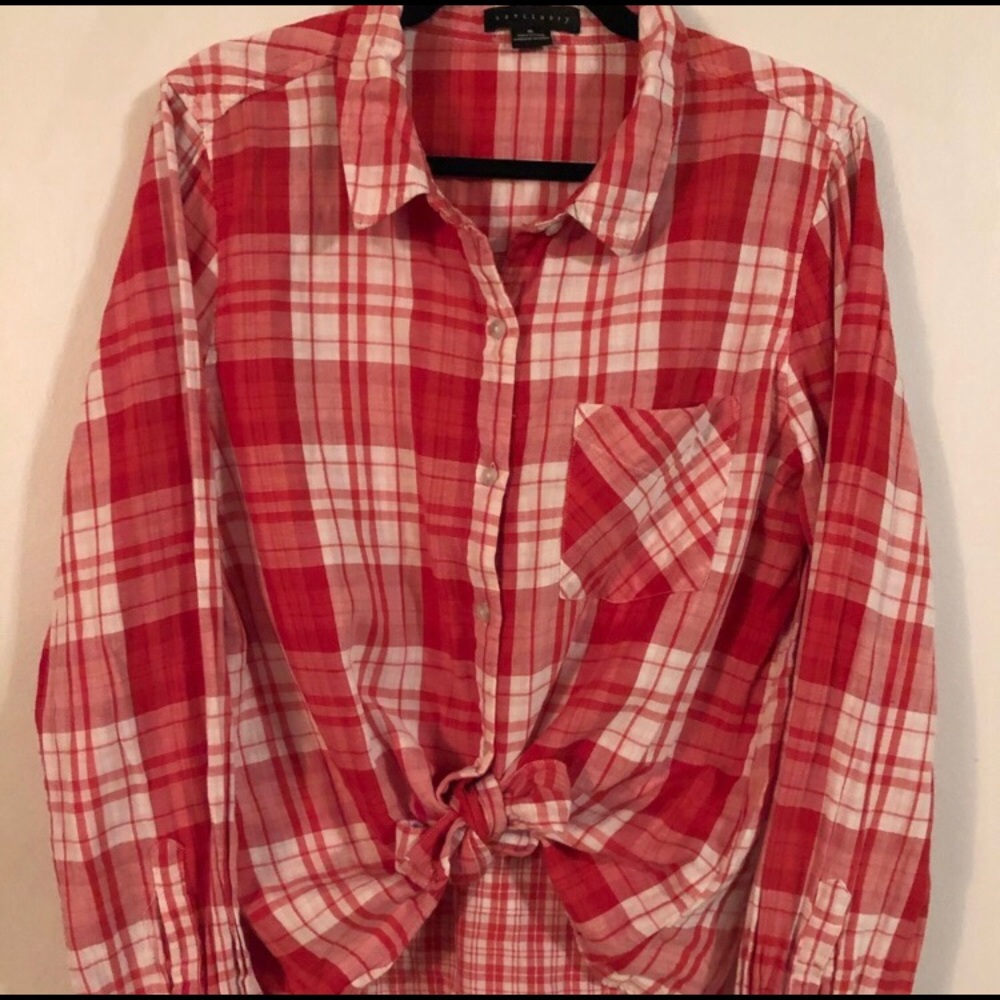 Sanctuary multi-plaid cotton tie-up blouse